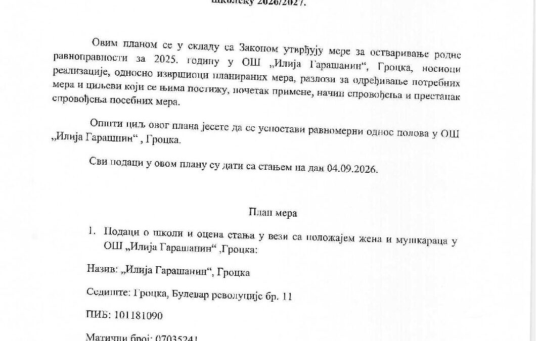 plan mera za ostvarivanje i unapređivanje rodne ravnopravnosti za školsku 2026 27