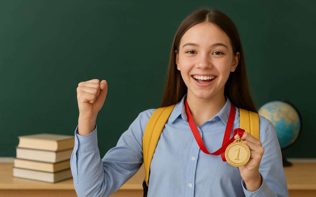 Pobednica u učionici sa medaljom